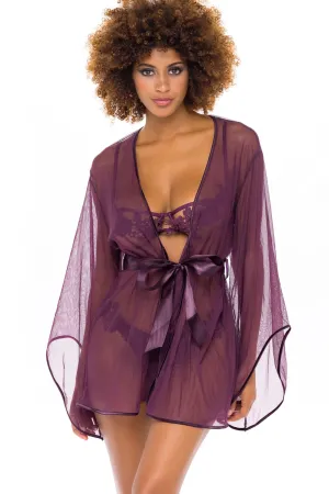 Wide Sleeved Sheer Tulle Short Robe & Satin Sash