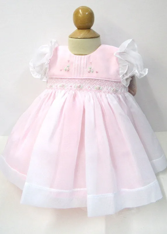 Will'beth Pink Sheer Overlay Smocked Dress Baby Girls Pearls Preemie Newborn 3 Months