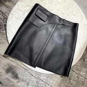 Women Leather Sheepskin Skirts High Waist A-line Simple Stitching Buttons Decorative Solid Short Dress Autumn Winter 2022 New TF4800