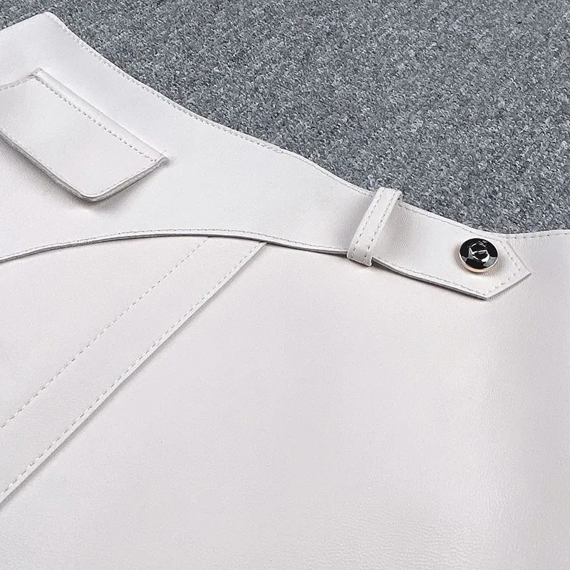 Women Leather Sheepskin Skirts High Waist A-line Simple Stitching Buttons Decorative Solid Short Dress Autumn Winter 2022 New TF4800