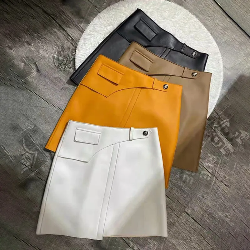 Women Leather Sheepskin Skirts High Waist A-line Simple Stitching Buttons Decorative Solid Short Dress Autumn Winter 2022 New TF4800