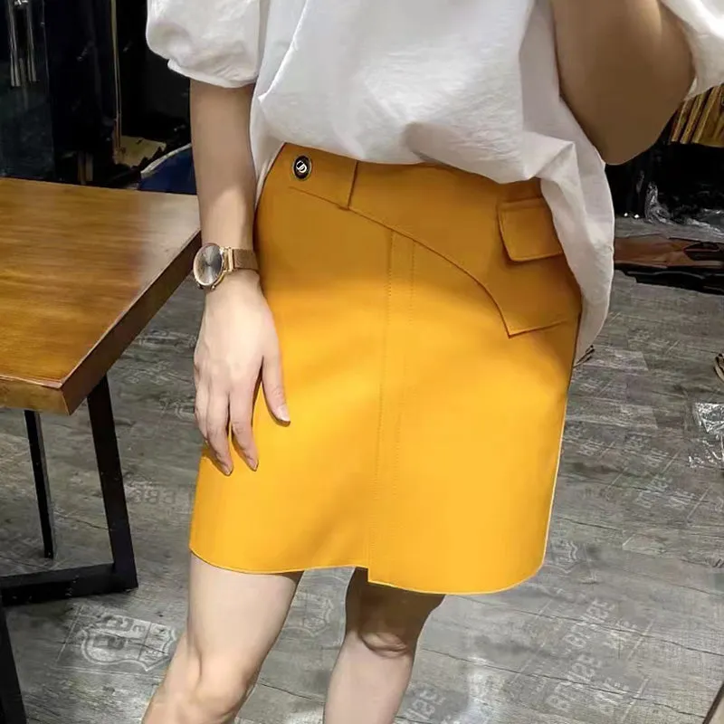 Women Leather Sheepskin Skirts High Waist A-line Simple Stitching Buttons Decorative Solid Short Dress Autumn Winter 2022 New TF4800