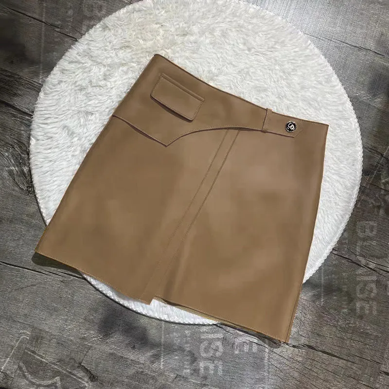 Women Leather Sheepskin Skirts High Waist A-line Simple Stitching Buttons Decorative Solid Short Dress Autumn Winter 2022 New TF4800