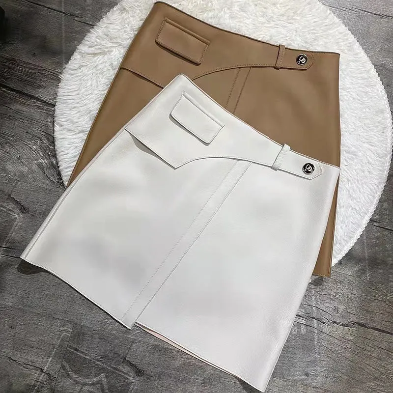 Women Leather Sheepskin Skirts High Waist A-line Simple Stitching Buttons Decorative Solid Short Dress Autumn Winter 2022 New TF4800