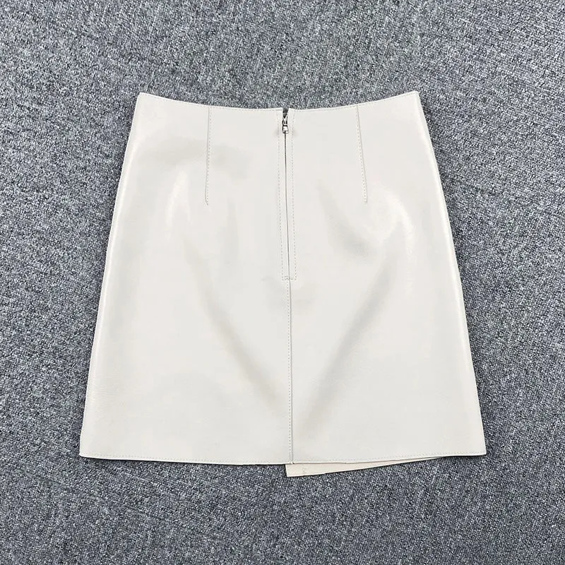 Women Leather Sheepskin Skirts High Waist A-line Simple Stitching Buttons Decorative Solid Short Dress Autumn Winter 2022 New TF4800