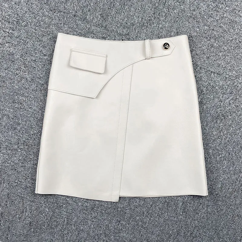 Women Leather Sheepskin Skirts High Waist A-line Simple Stitching Buttons Decorative Solid Short Dress Autumn Winter 2022 New TF4800