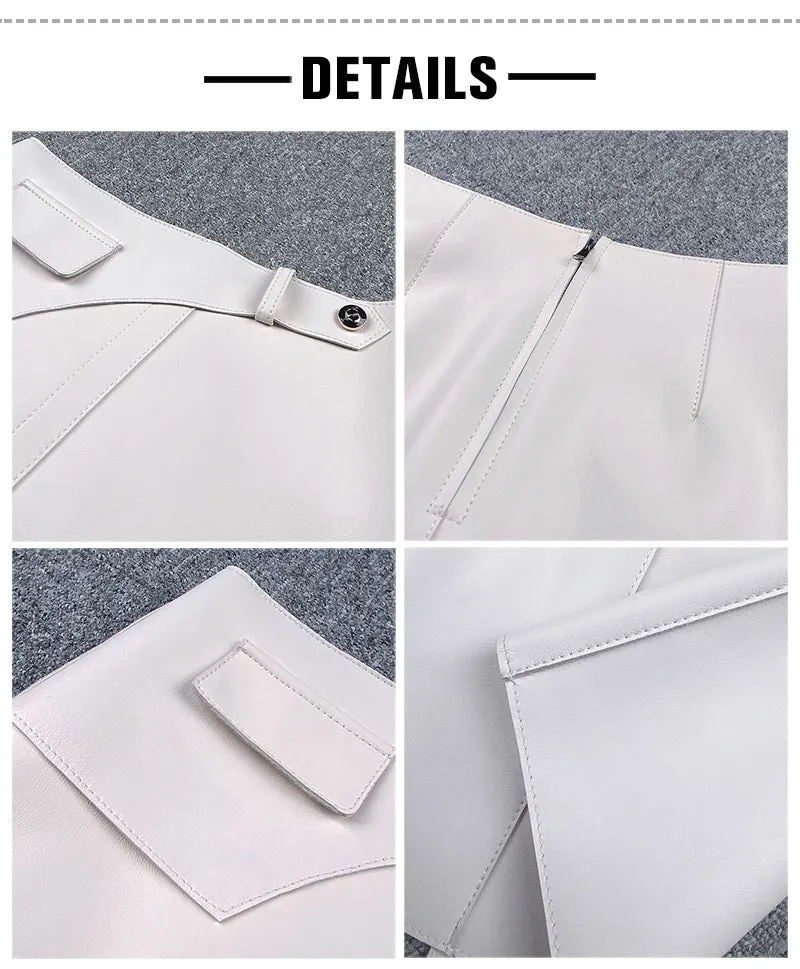 Women Leather Sheepskin Skirts High Waist A-line Simple Stitching Buttons Decorative Solid Short Dress Autumn Winter 2022 New TF4800