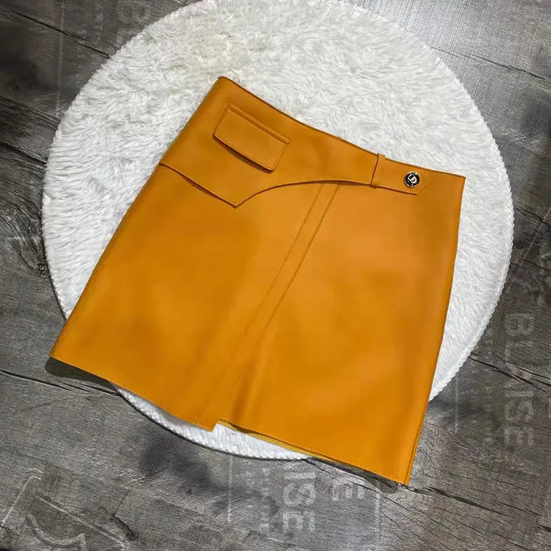 Women Leather Sheepskin Skirts High Waist A-line Simple Stitching Buttons Decorative Solid Short Dress Autumn Winter 2022 New TF4800