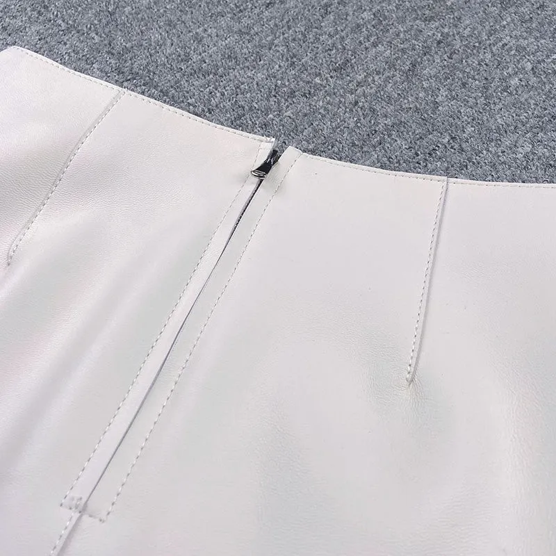 Women Leather Sheepskin Skirts High Waist A-line Simple Stitching Buttons Decorative Solid Short Dress Autumn Winter 2022 New TF4800