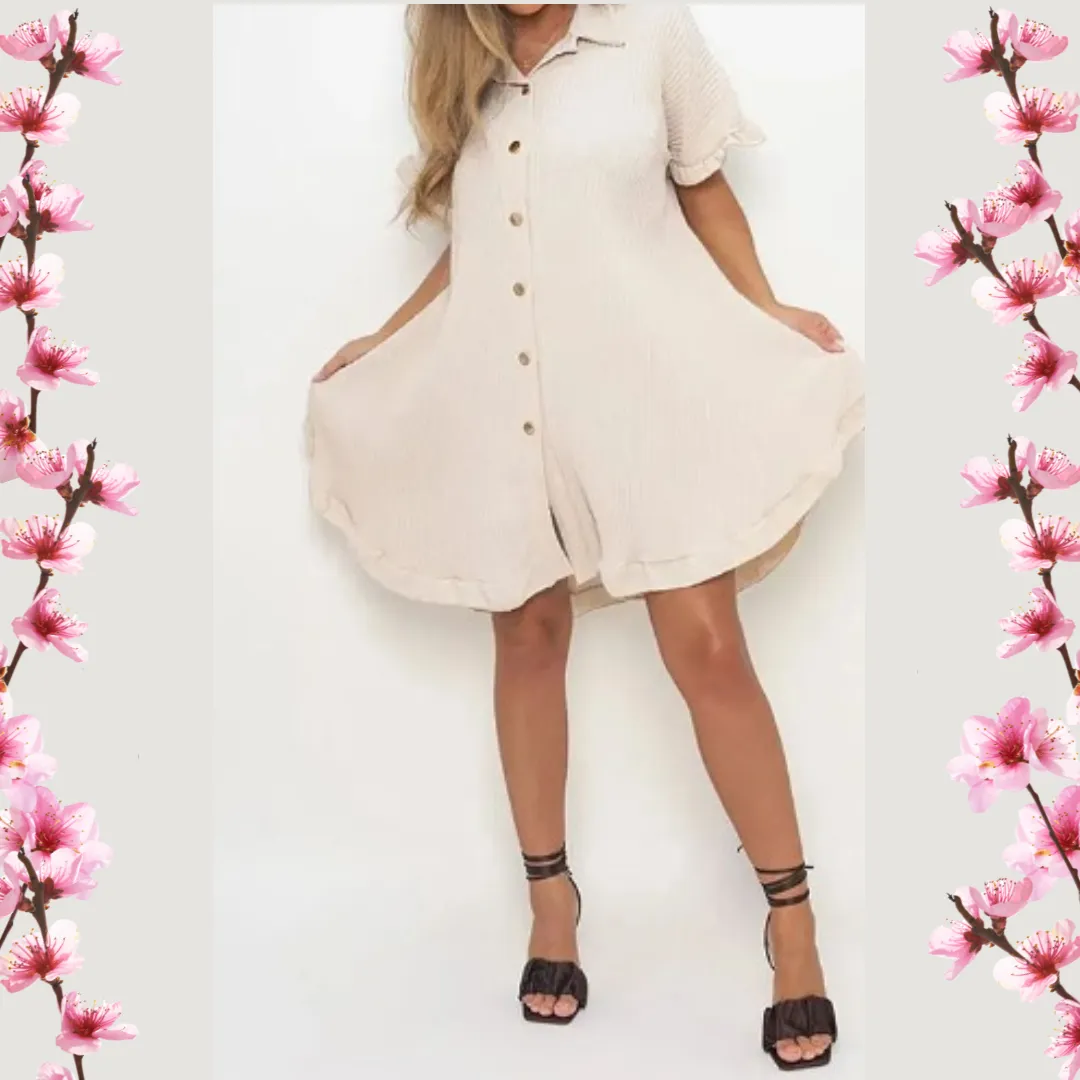 Women Ruffled Sleeve Shirt Dress - Beige