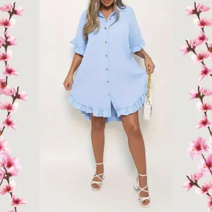 Women Ruffled Sleeve Shirt Dress - Sky blue