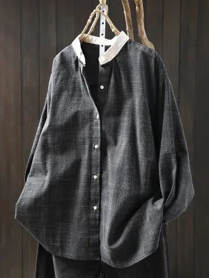 Women Spring Colorblock Lattice Cotton Stand Collar Shirt