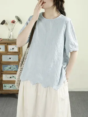 Women Summer Embroidery Wave Hem 100%Cotton Shirt