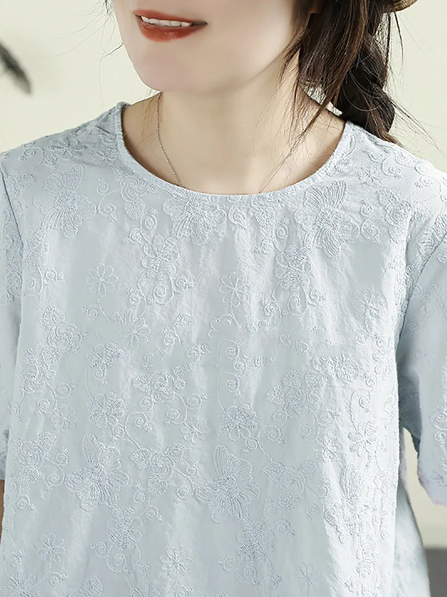 Women Summer Embroidery Wave Hem 100%Cotton Shirt