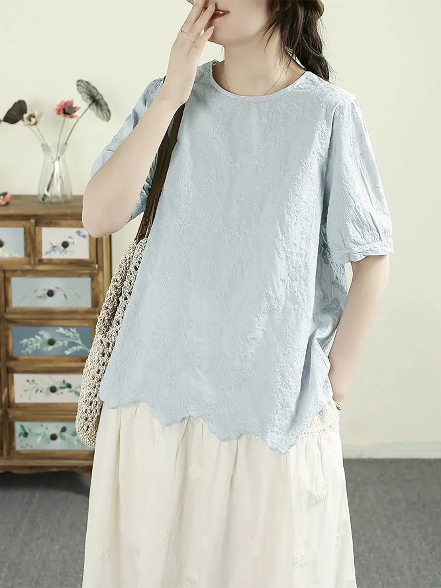Women Summer Embroidery Wave Hem 100%Cotton Shirt