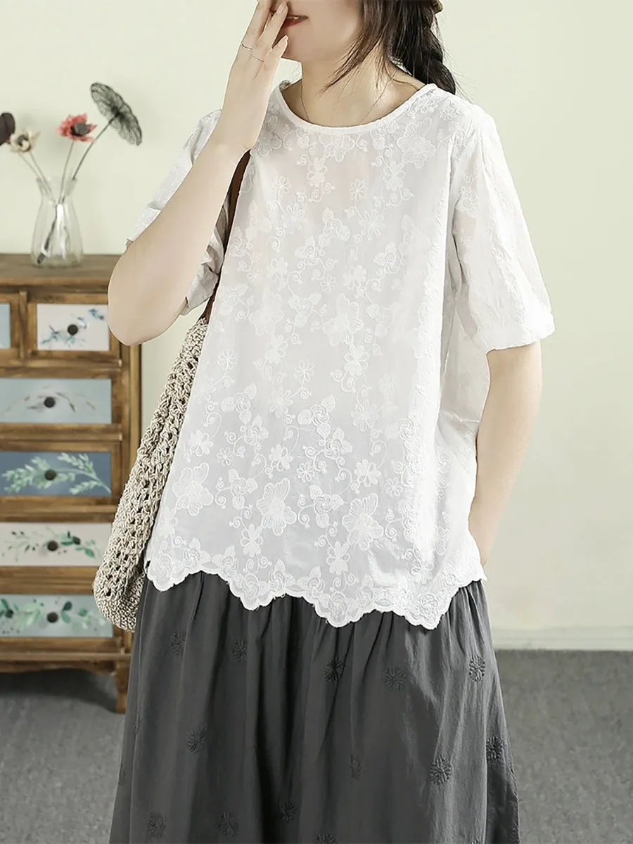Women Summer Embroidery Wave Hem 100%Cotton Shirt