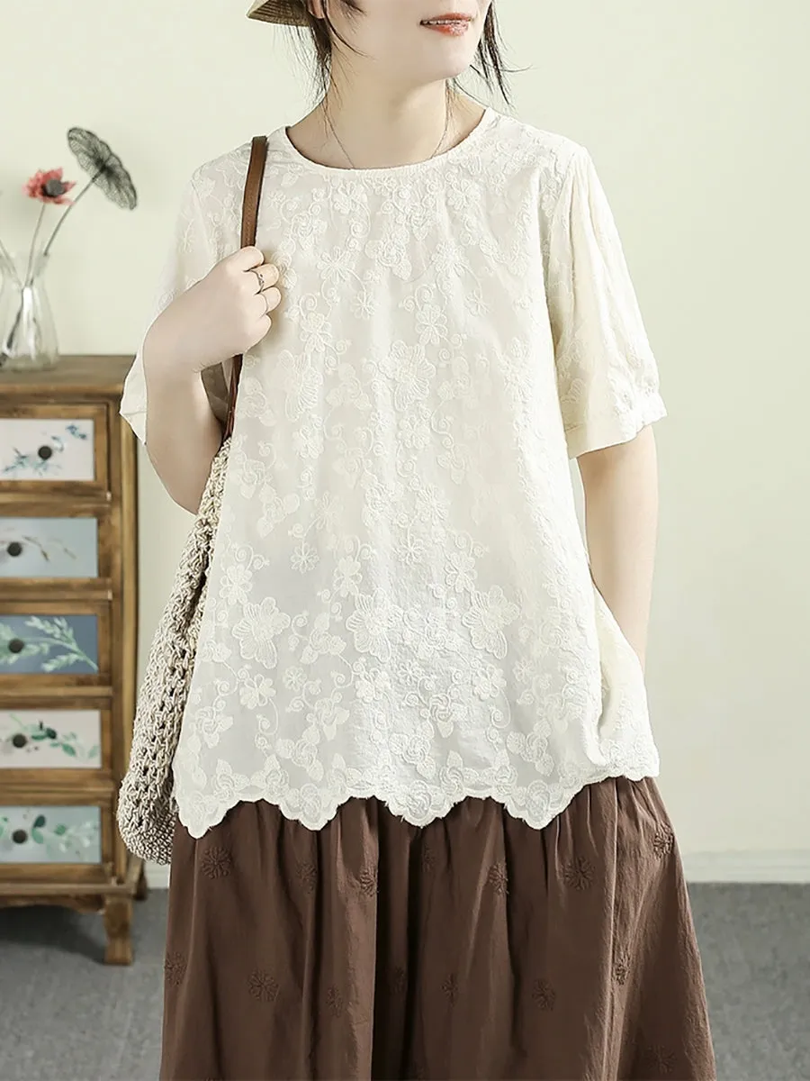 Women Summer Embroidery Wave Hem 100%Cotton Shirt