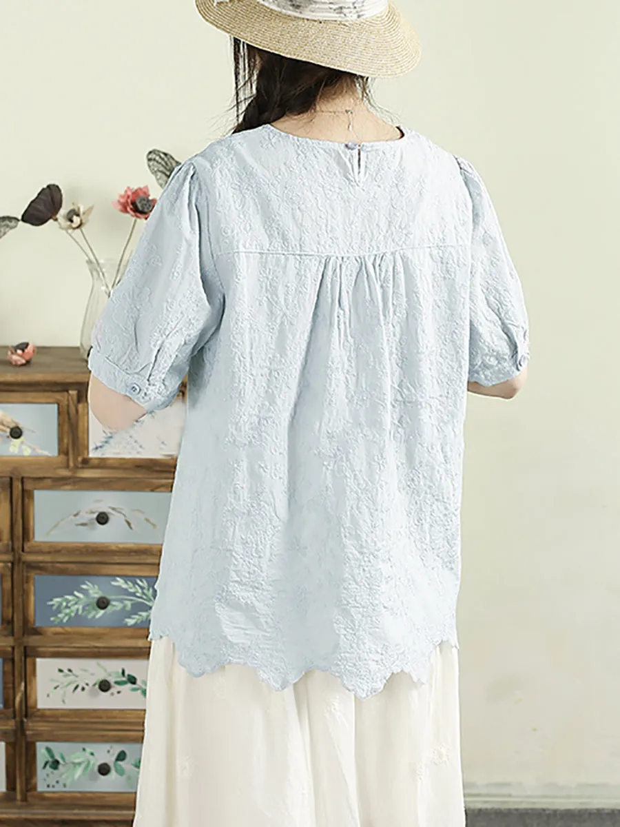 Women Summer Embroidery Wave Hem 100%Cotton Shirt