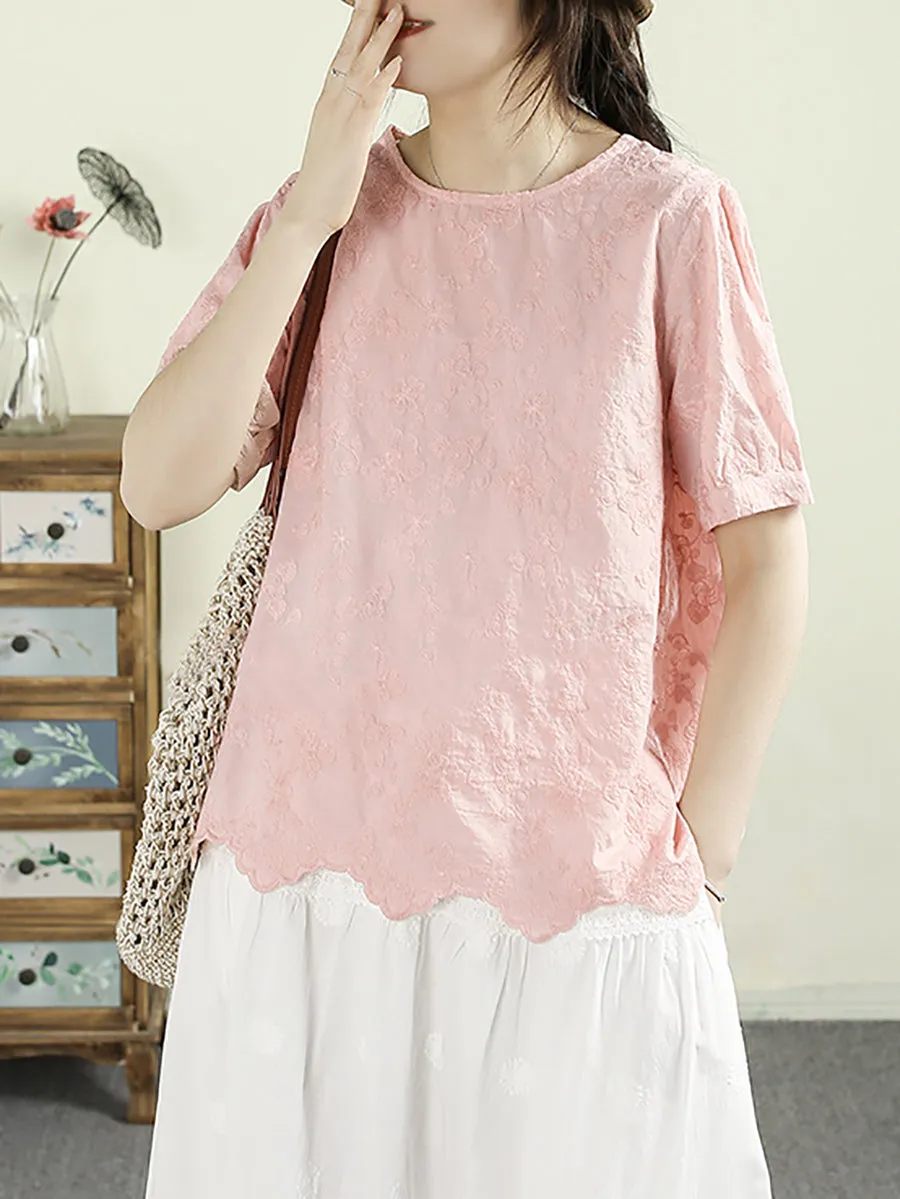 Women Summer Embroidery Wave Hem 100%Cotton Shirt