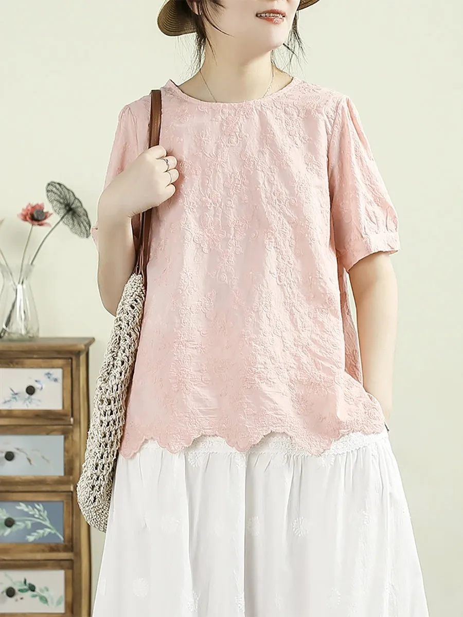 Women Summer Embroidery Wave Hem 100%Cotton Shirt
