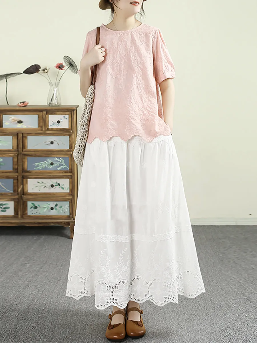 Women Summer Embroidery Wave Hem 100%Cotton Shirt