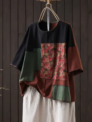 Women Summer Retro Patchwork O-Neck Cotton Shirt