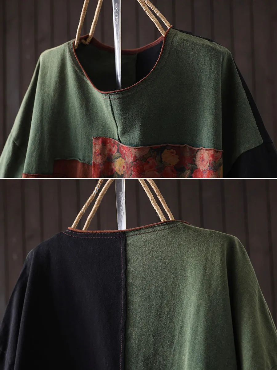 Women Summer Retro Patchwork O-Neck Cotton Shirt