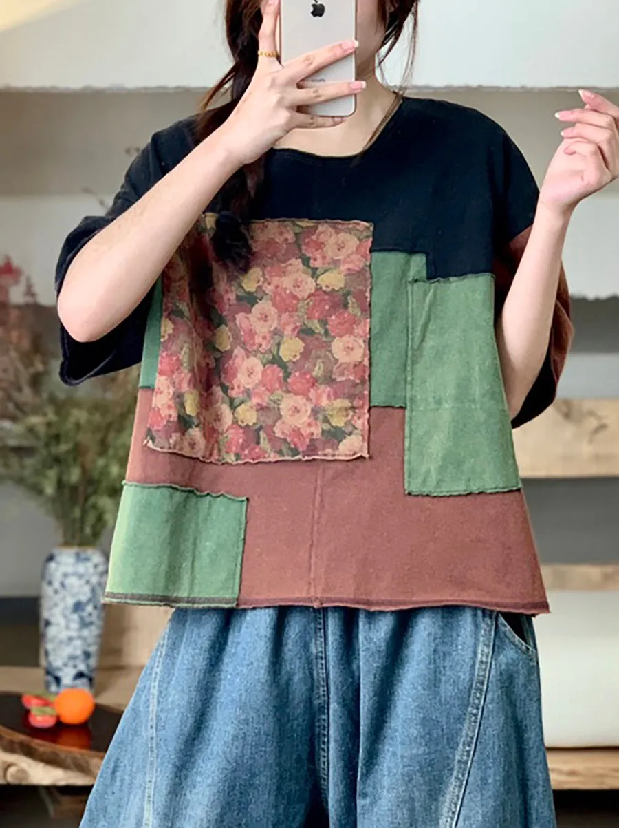 Women Summer Retro Patchwork O-Neck Cotton Shirt