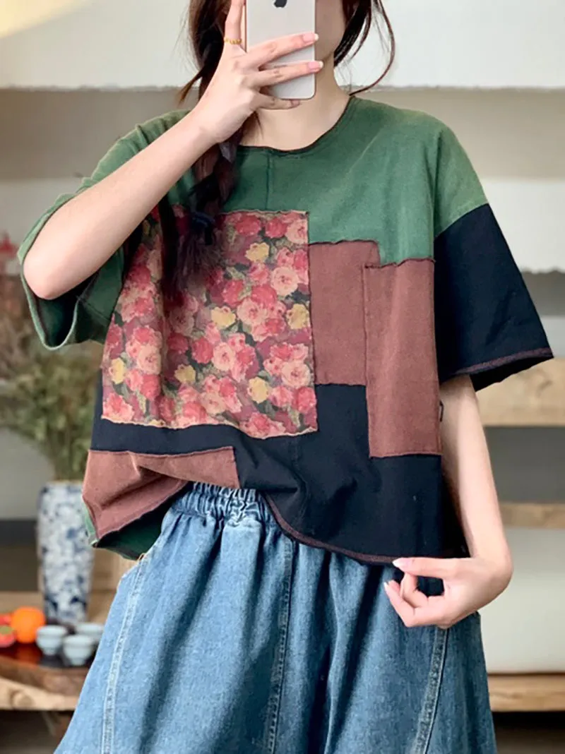 Women Summer Retro Patchwork O-Neck Cotton Shirt