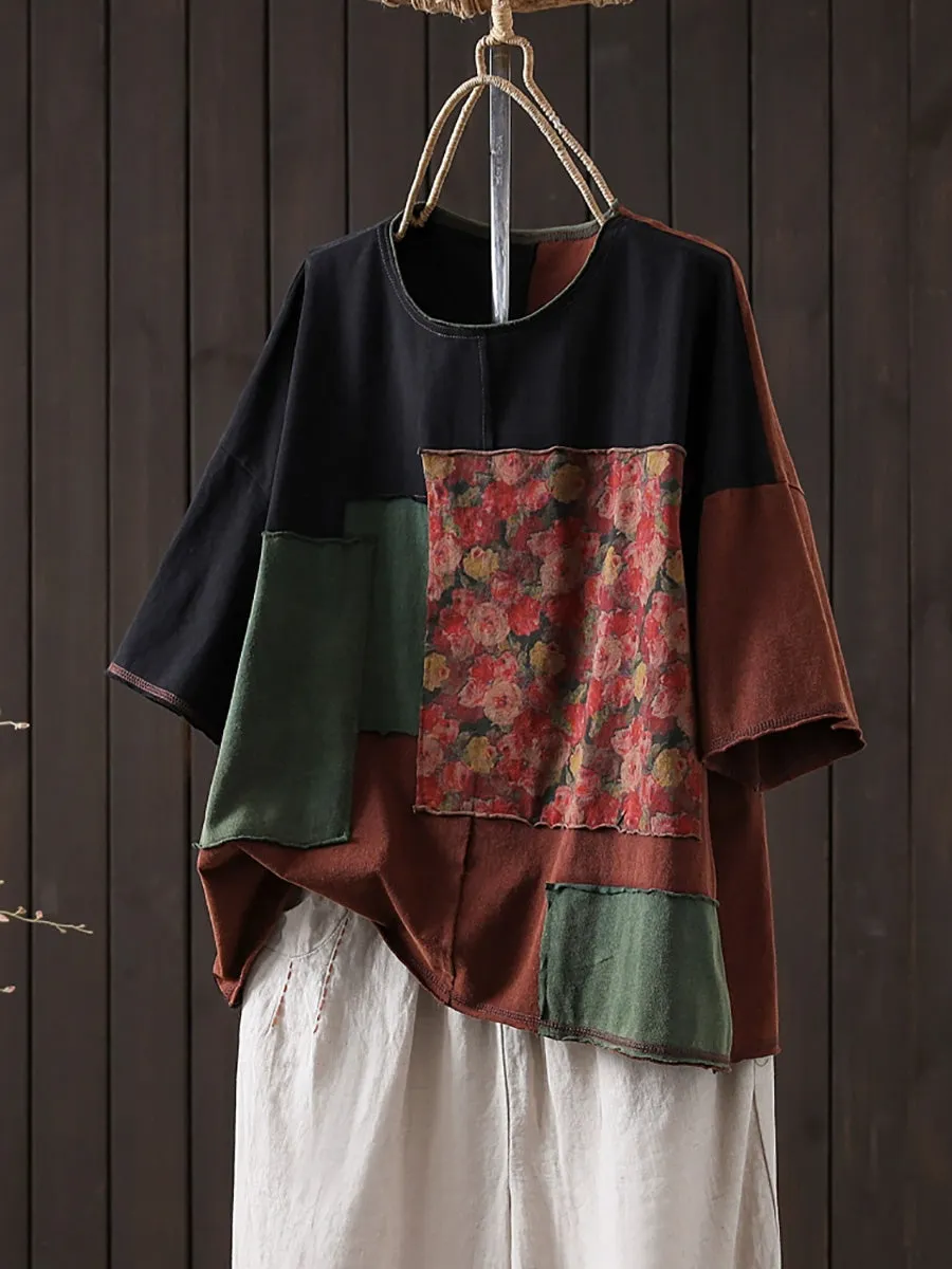 Women Summer Retro Patchwork O-Neck Cotton Shirt