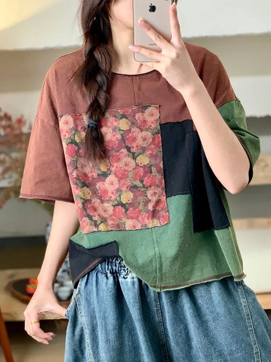 Women Summer Retro Patchwork O-Neck Cotton Shirt