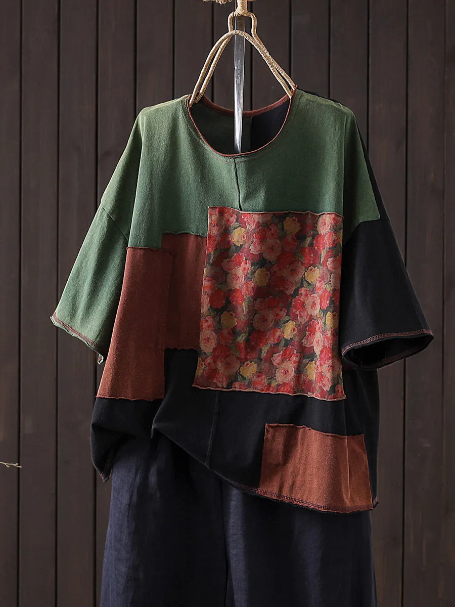 Women Summer Retro Patchwork O-Neck Cotton Shirt