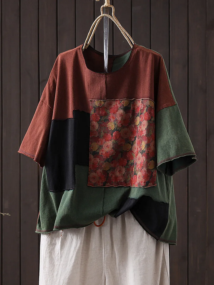 Women Summer Retro Patchwork O-Neck Cotton Shirt