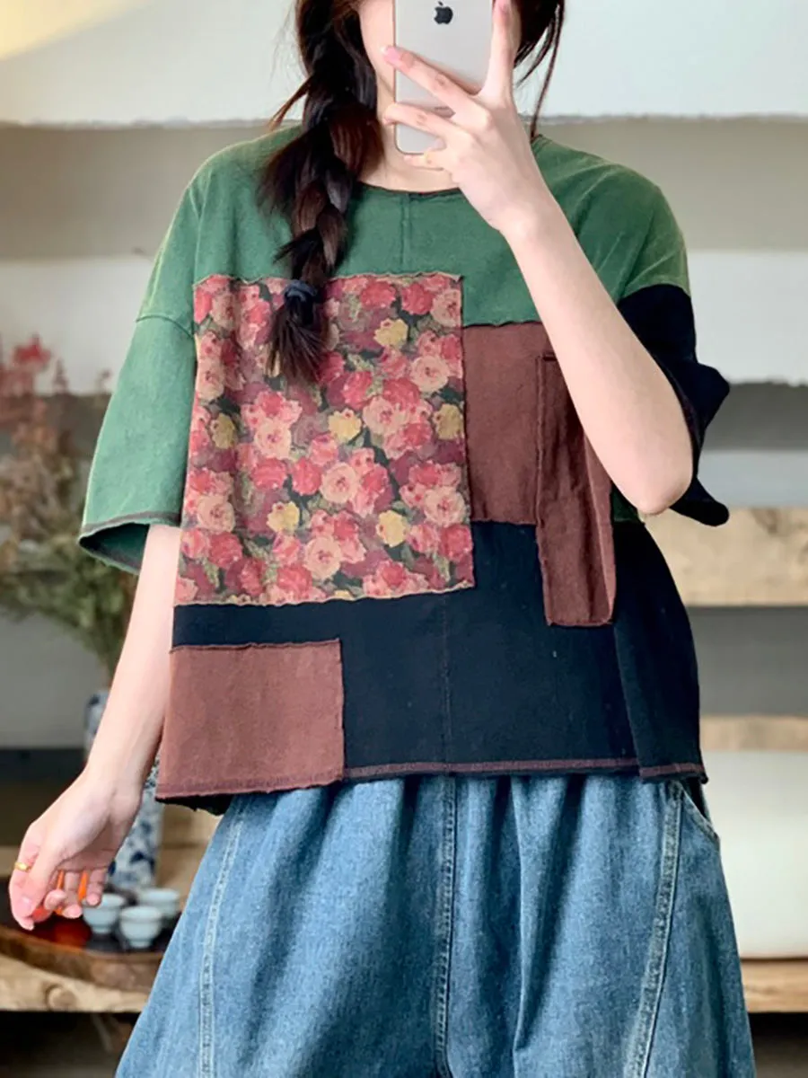 Women Summer Retro Patchwork O-Neck Cotton Shirt