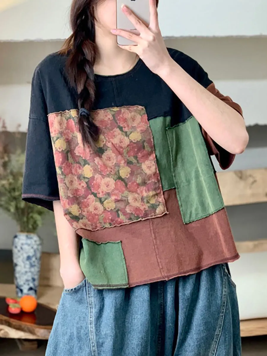 Women Summer Retro Patchwork O-Neck Cotton Shirt