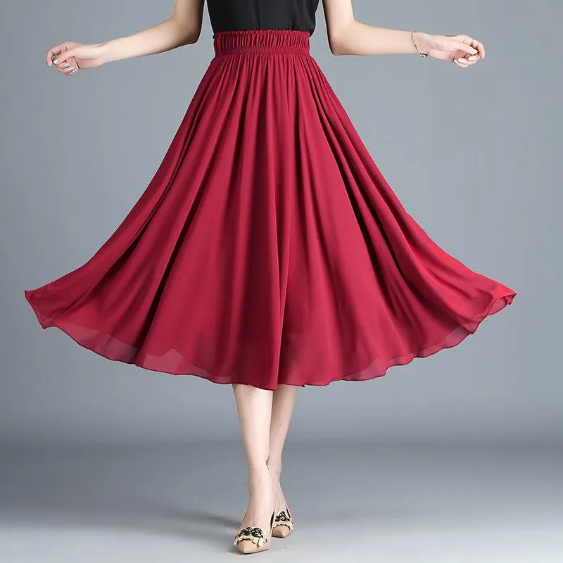 Women Vintage Elegant  High Waist A-line Chiffon Skirt Long Pleated Skirt