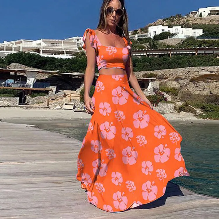 Women's 2 Piece Slim Fit Holiday Crop Top Maxi Skirt