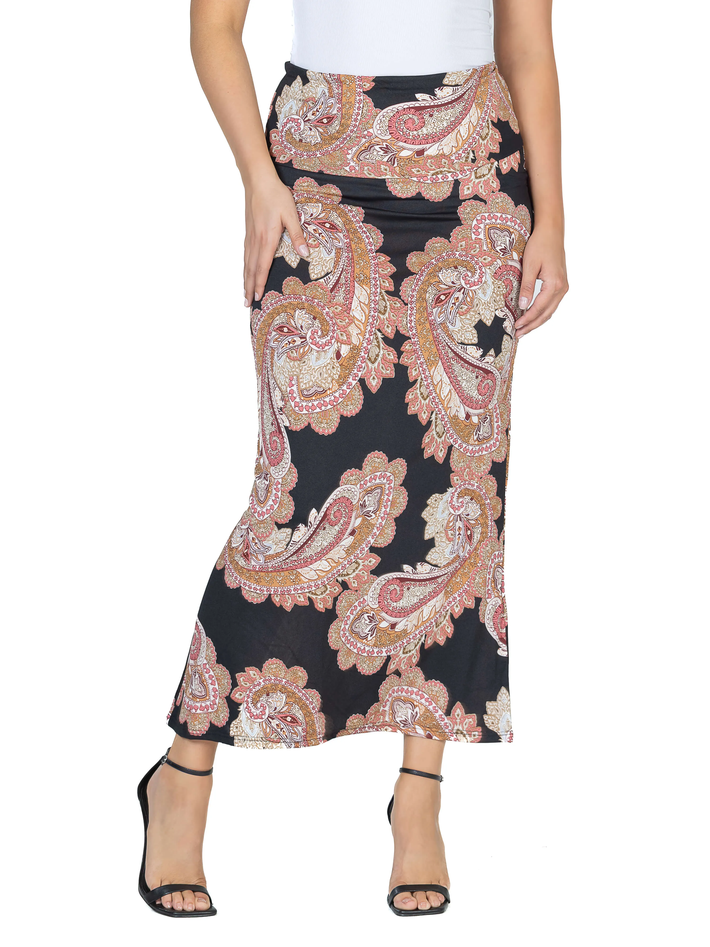 Womens Black Paisley Print Foldover Maxi Skirt