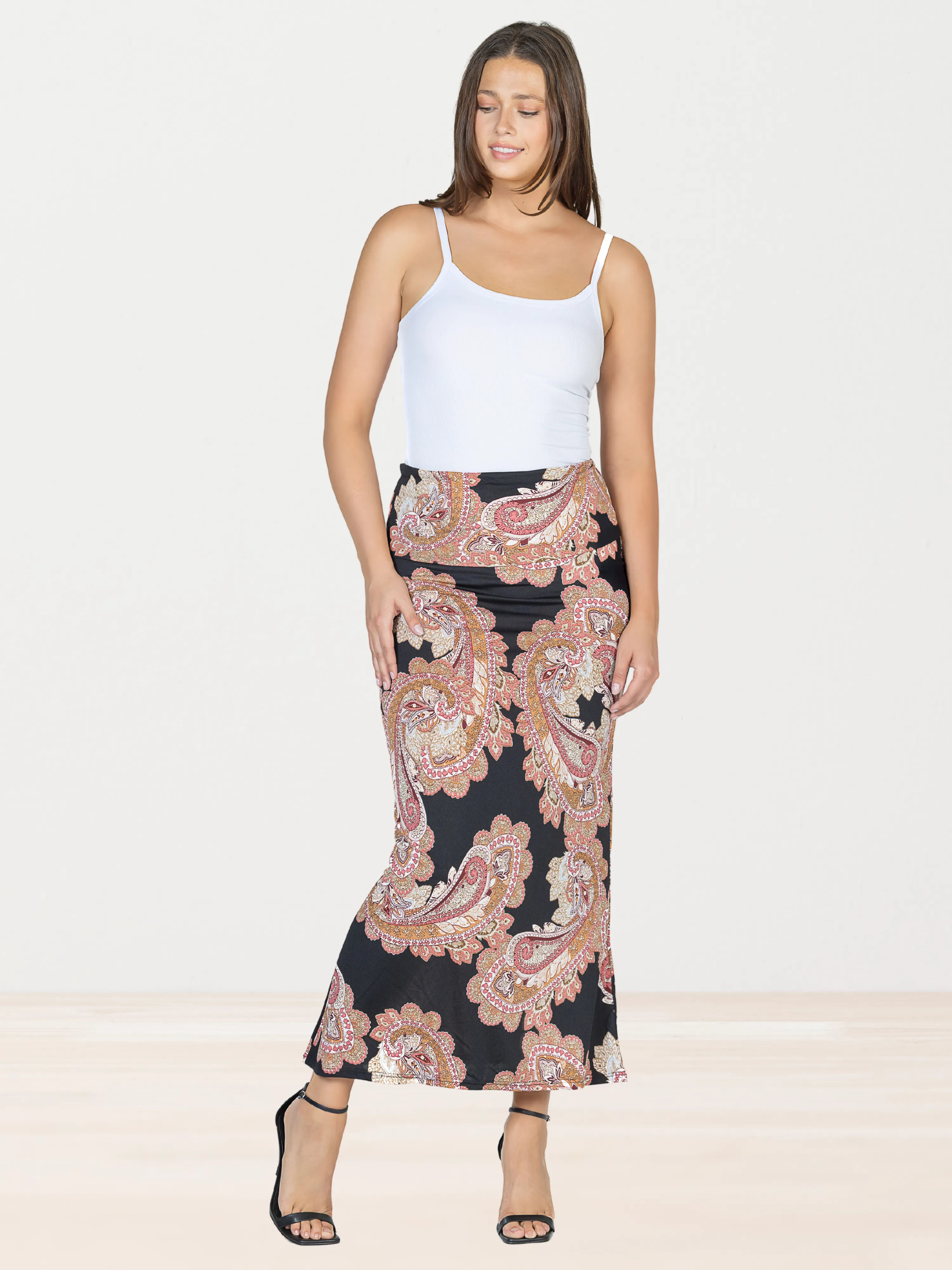 Womens Black Paisley Print Foldover Maxi Skirt