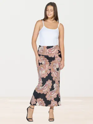 Womens Black Paisley Print Foldover Maxi Skirt