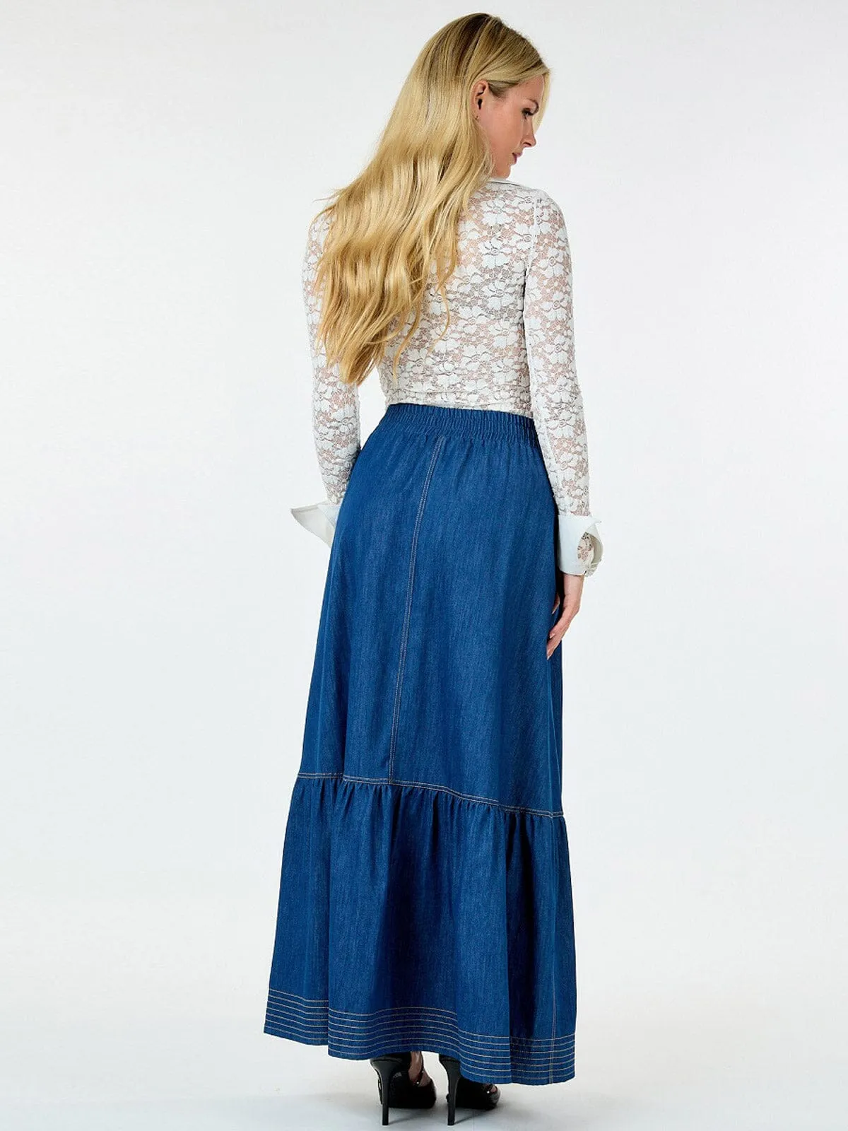 WOMEN'S ELASTIC WAIST POCKETS RUFFLE BOTTOM HEM MAXI DENIM SKIRT