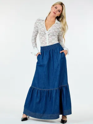 WOMEN'S ELASTIC WAIST POCKETS RUFFLE BOTTOM HEM MAXI DENIM SKIRT