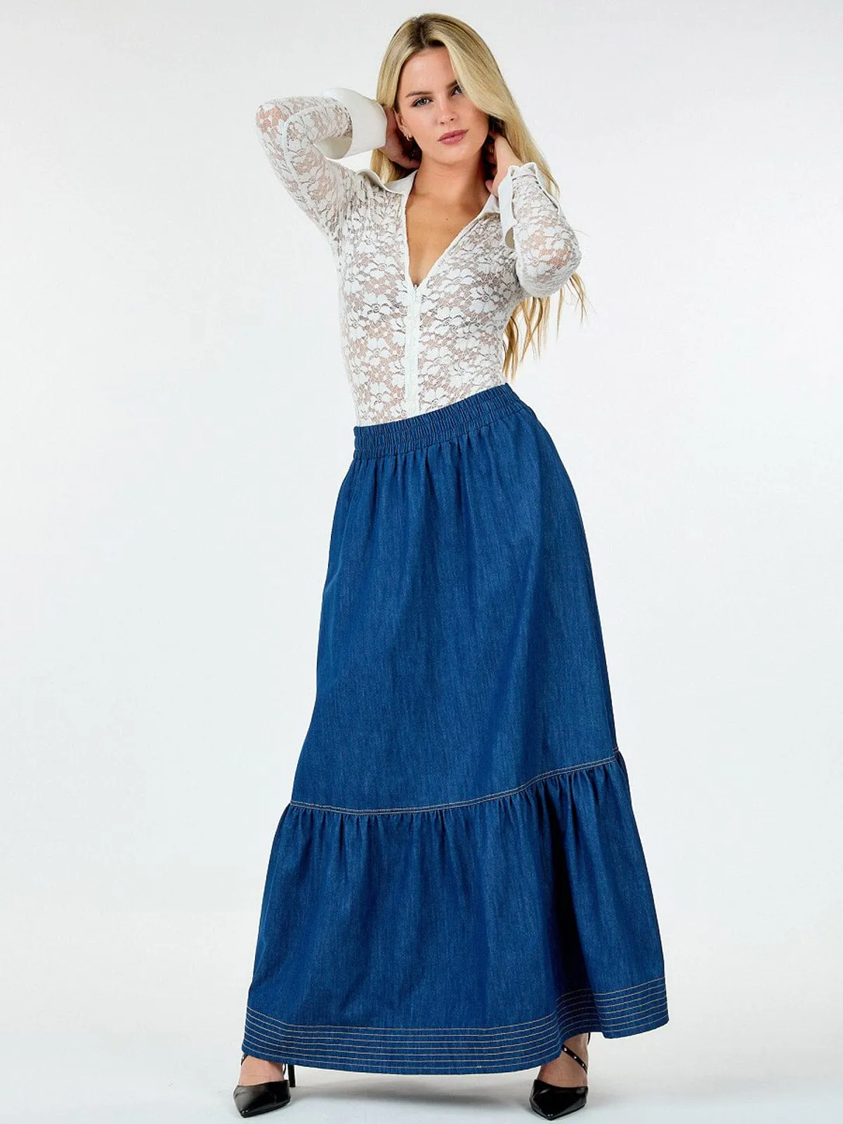 WOMEN'S ELASTIC WAIST POCKETS RUFFLE BOTTOM HEM MAXI DENIM SKIRT