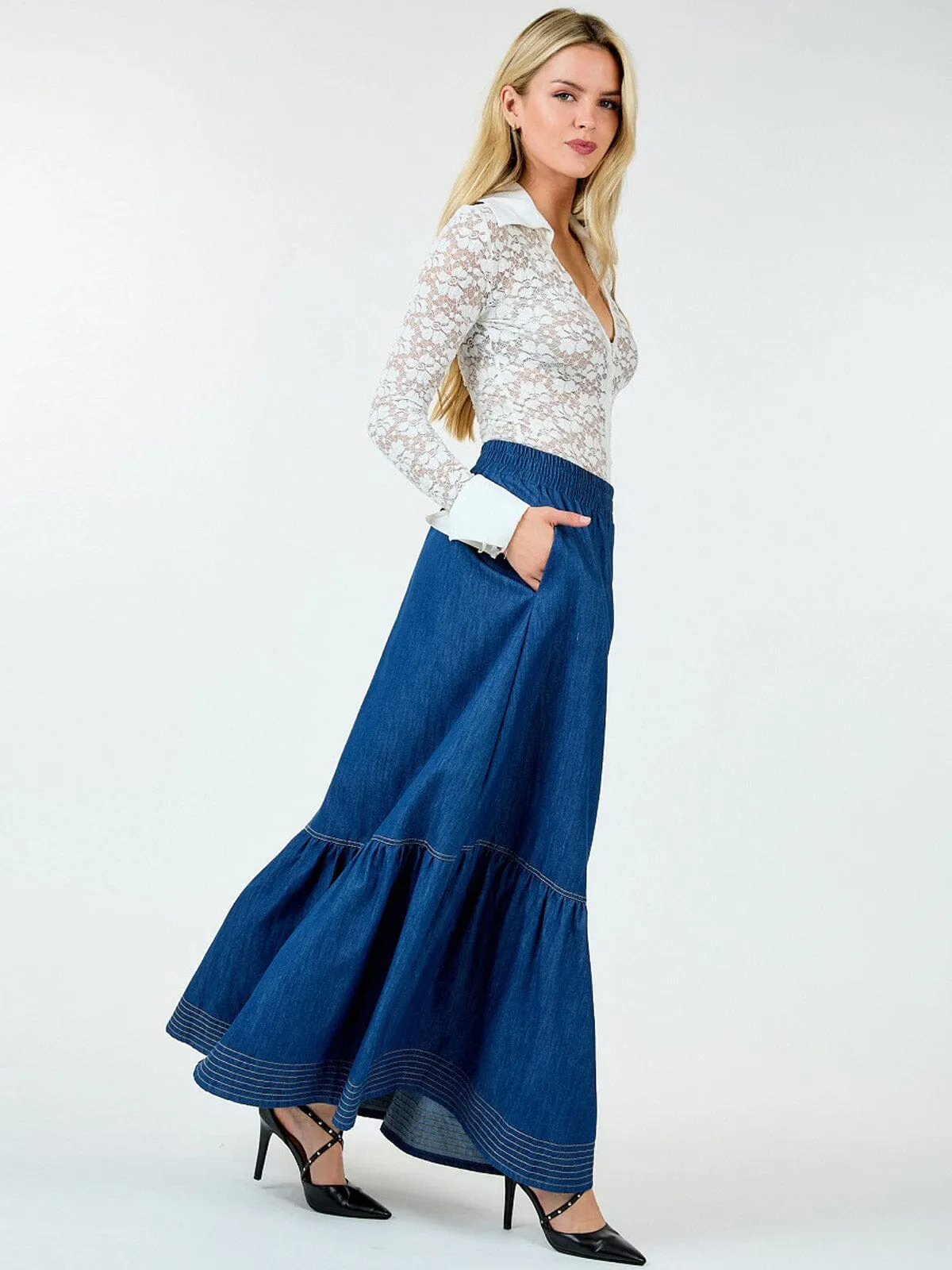 WOMEN'S ELASTIC WAIST POCKETS RUFFLE BOTTOM HEM MAXI DENIM SKIRT