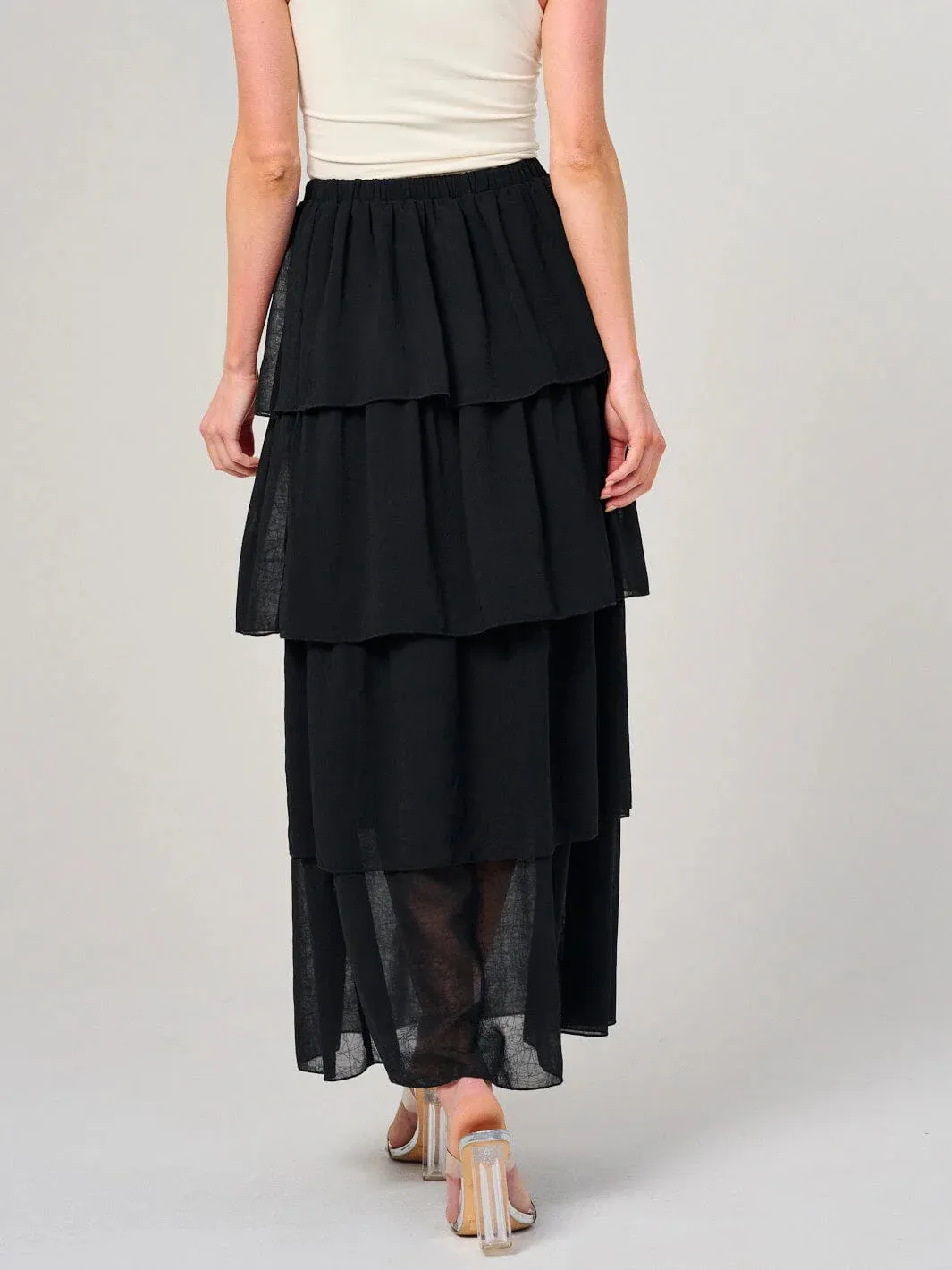 WOMEN'S ELASTIC WAIST RUFFLE TIERED MAXI SKIRT