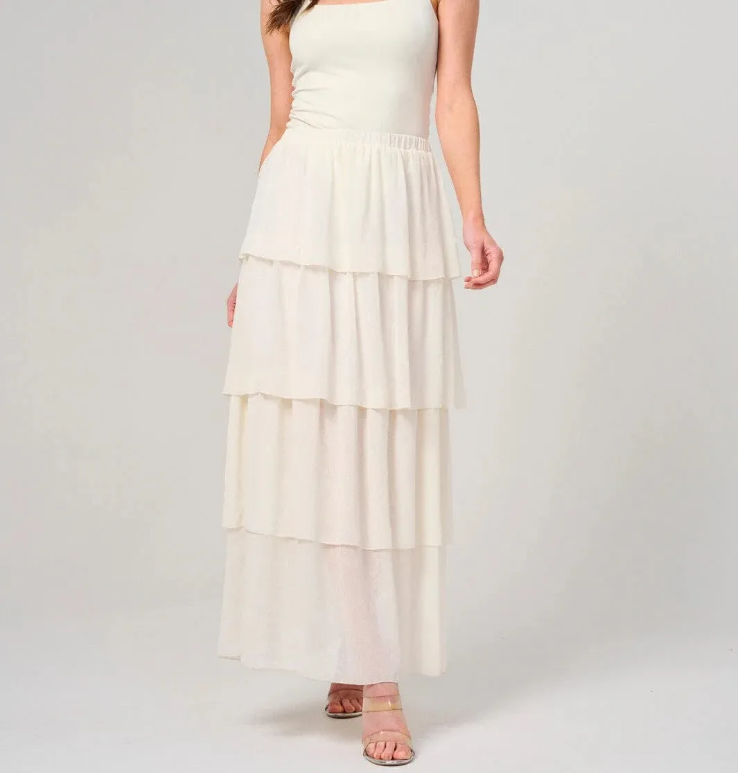 WOMEN'S ELASTIC WAIST RUFFLE TIERED MAXI SKIRT