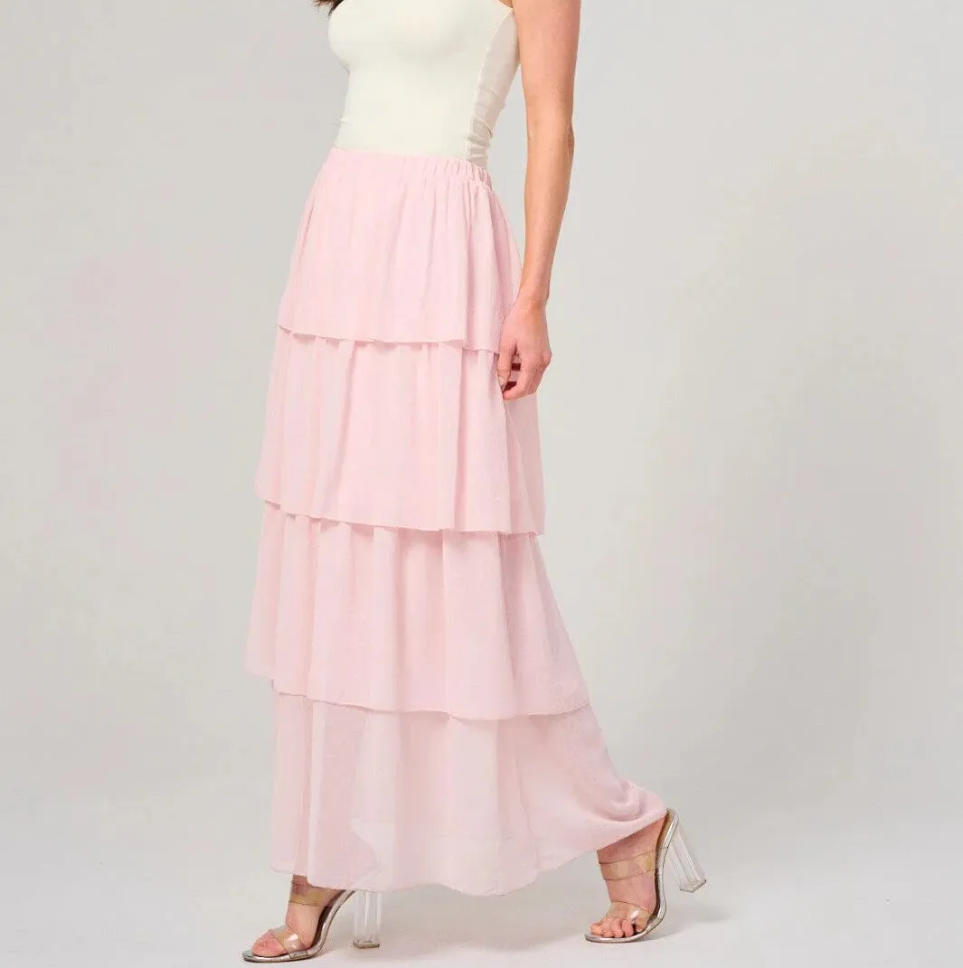 WOMEN'S ELASTIC WAIST RUFFLE TIERED MAXI SKIRT