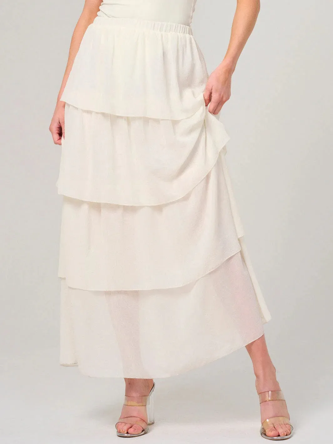 WOMEN'S ELASTIC WAIST RUFFLE TIERED MAXI SKIRT