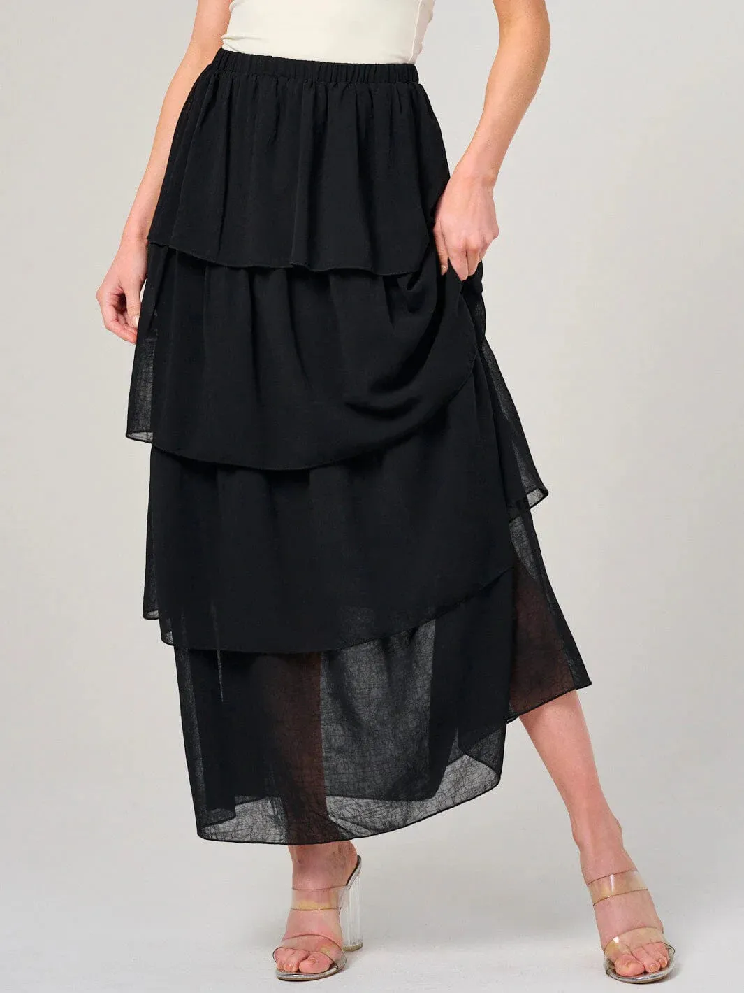 WOMEN'S ELASTIC WAIST RUFFLE TIERED MAXI SKIRT
