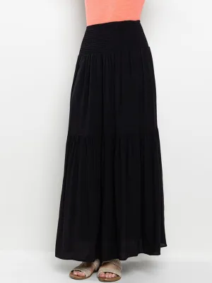 WOMEN'S ELASTIC WAIST TIERED FRONT POCKETS MAXI SKIRT